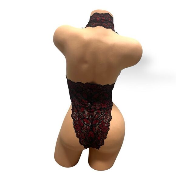 Vintage Y2K Fredericks of Hollywood red black low cut lace teddy sz L stretchy - Picture 3 of 15